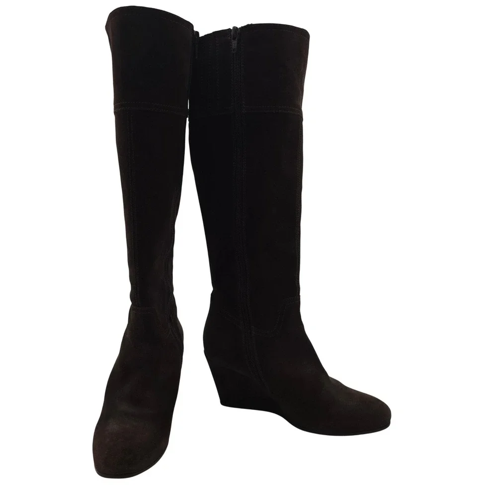 Garnet Hill Brown Suede Wedge Knee High Boots‎ 5.5 Made in Italy Zip Leather